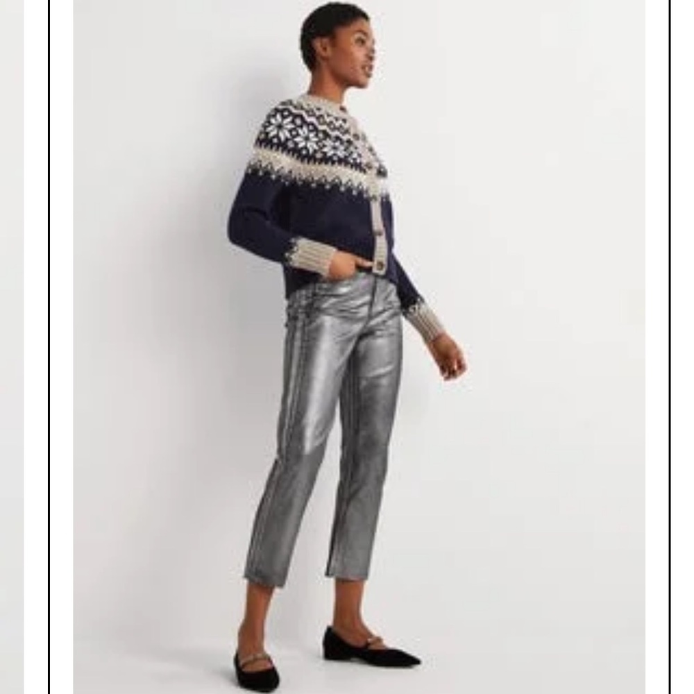 Boden Straight Leg Silver Metallic Cropped Trousers Raw Hem - Picture 2 of 9